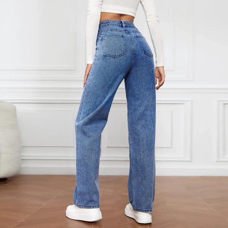 Calça Jeans Feminina Cintura Alta - Solta com Bolsos