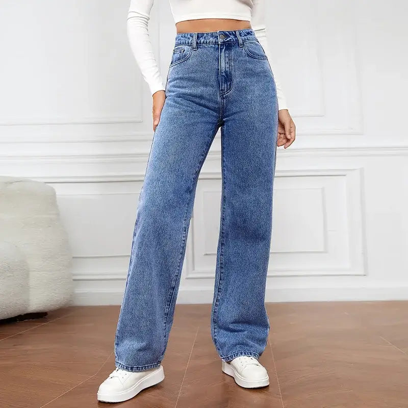 Calça Jeans Feminina Cintura Alta - Solta com Bolsos