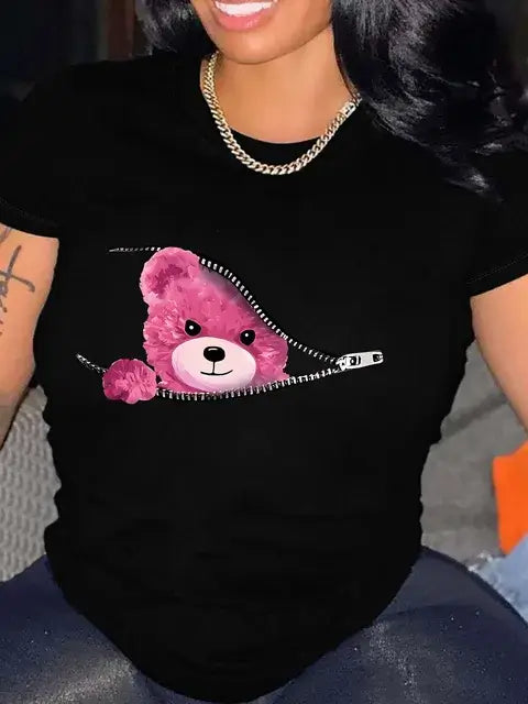 Camiseta Feminina com Estampa Gráfica de Urso Engraçado - Manga Curta e Gola Redonda