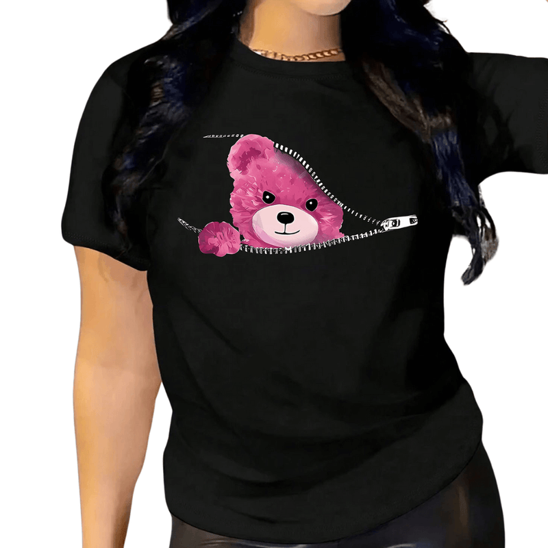 Camiseta Feminina com Estampa Gráfica de Urso Engraçado - Manga Curta e Gola Redonda